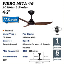 FIERO 46" 3 BLADES DC MOTOR CEILING FAN - WALNUT (MITA-46-WN)