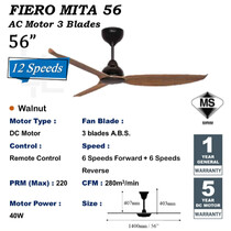 FIERO 56" 3 BLADES DC MOTOR CEILING FAN - WALNUT (MITA-56-WN)